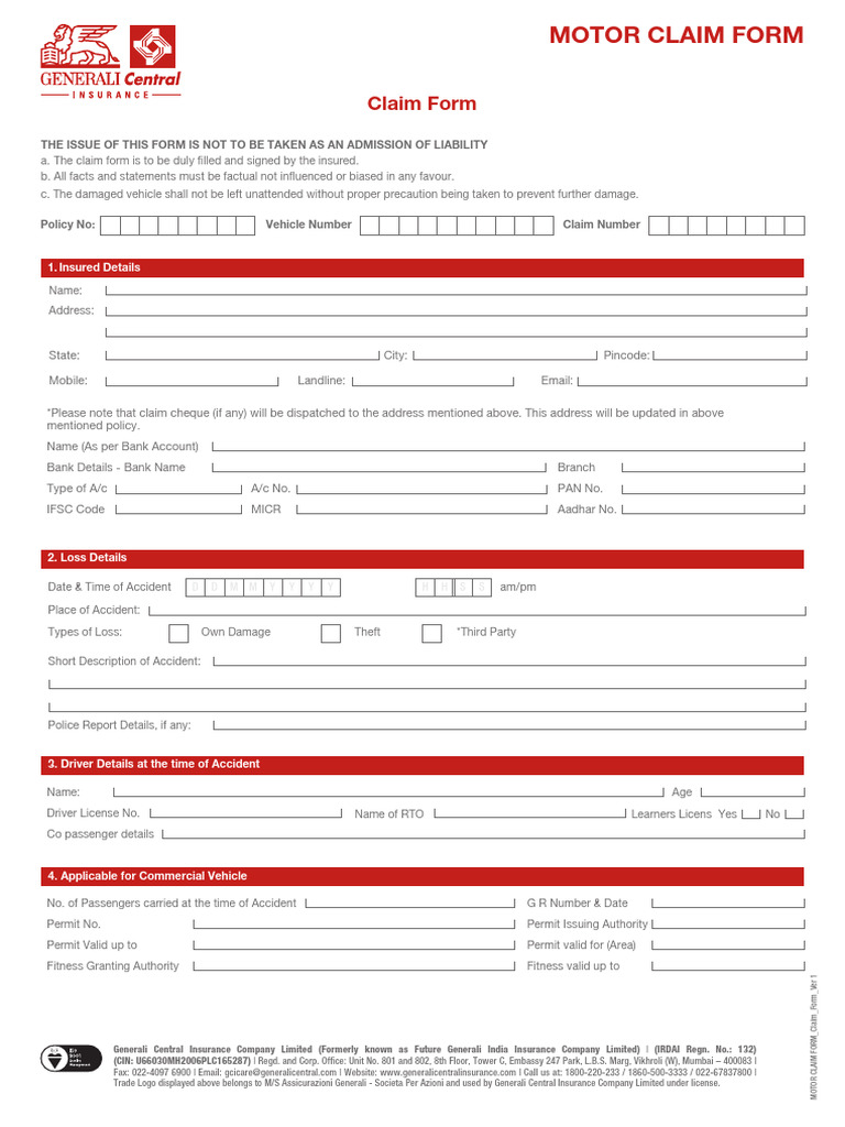 Future Generali Motor Claim Form | PDF | Driver's License | Insurance