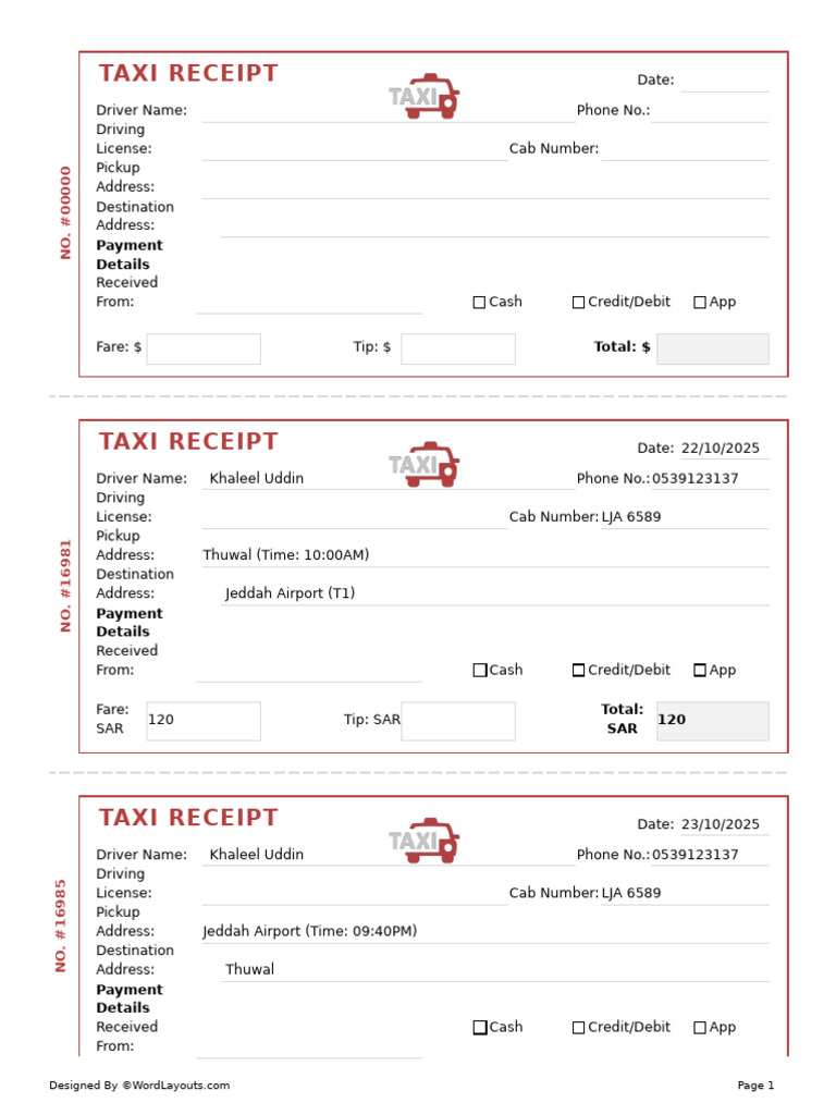 Saudi Airport Taxi Receipt Template | PDF