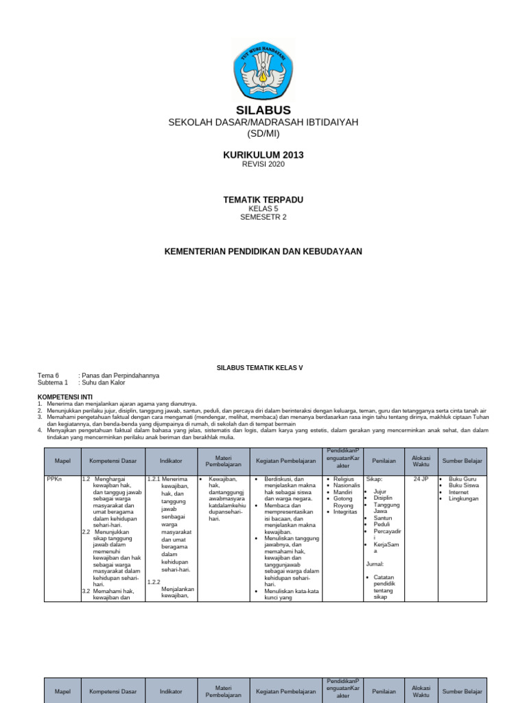 Silabus Tematik Kelas 5 SD/MI 2020 | PDF
