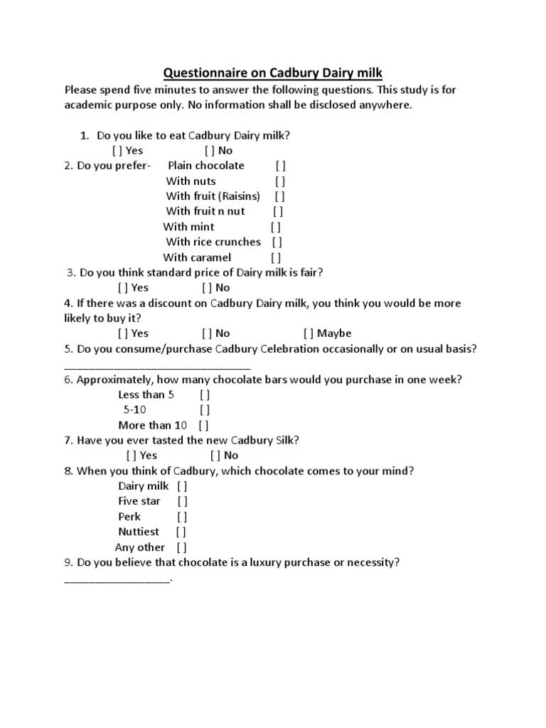 Questionnaire on Cadbury Dairy Milk Chocolate Dairy