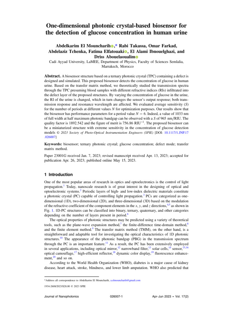 Glucose Detection Biosensor Using 1D Photonic Crystal | PDF | Biosensor ...
