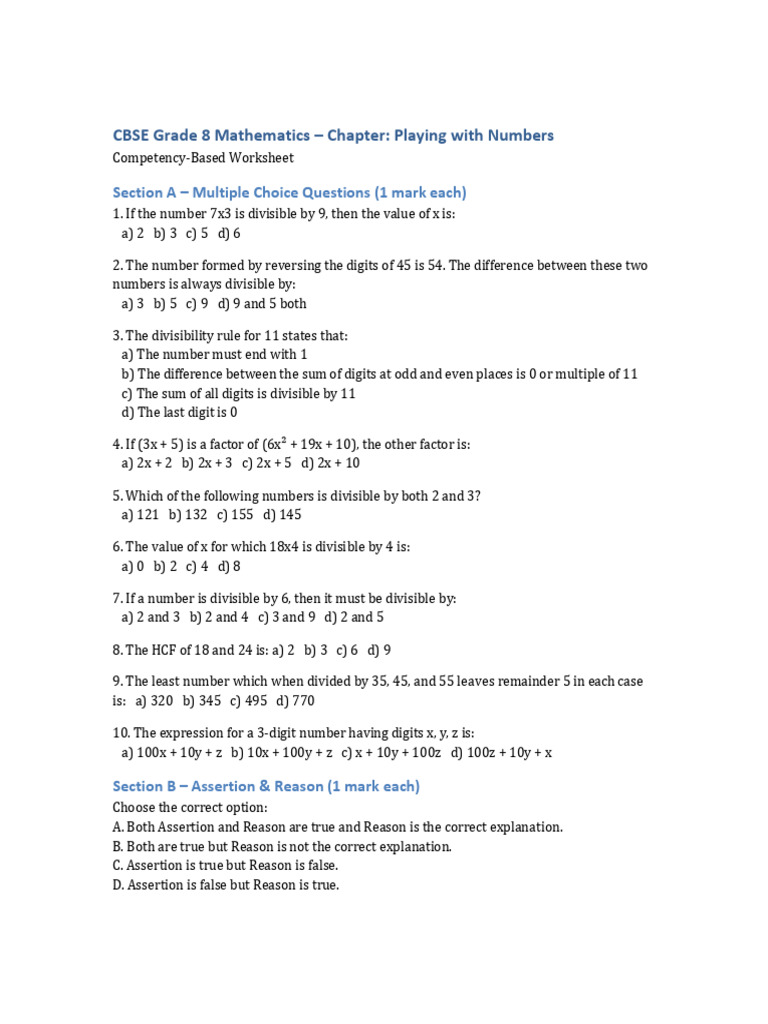 Class 8 Worksheet: Playing with Numbers | PDF | Numbers | Arithmetic