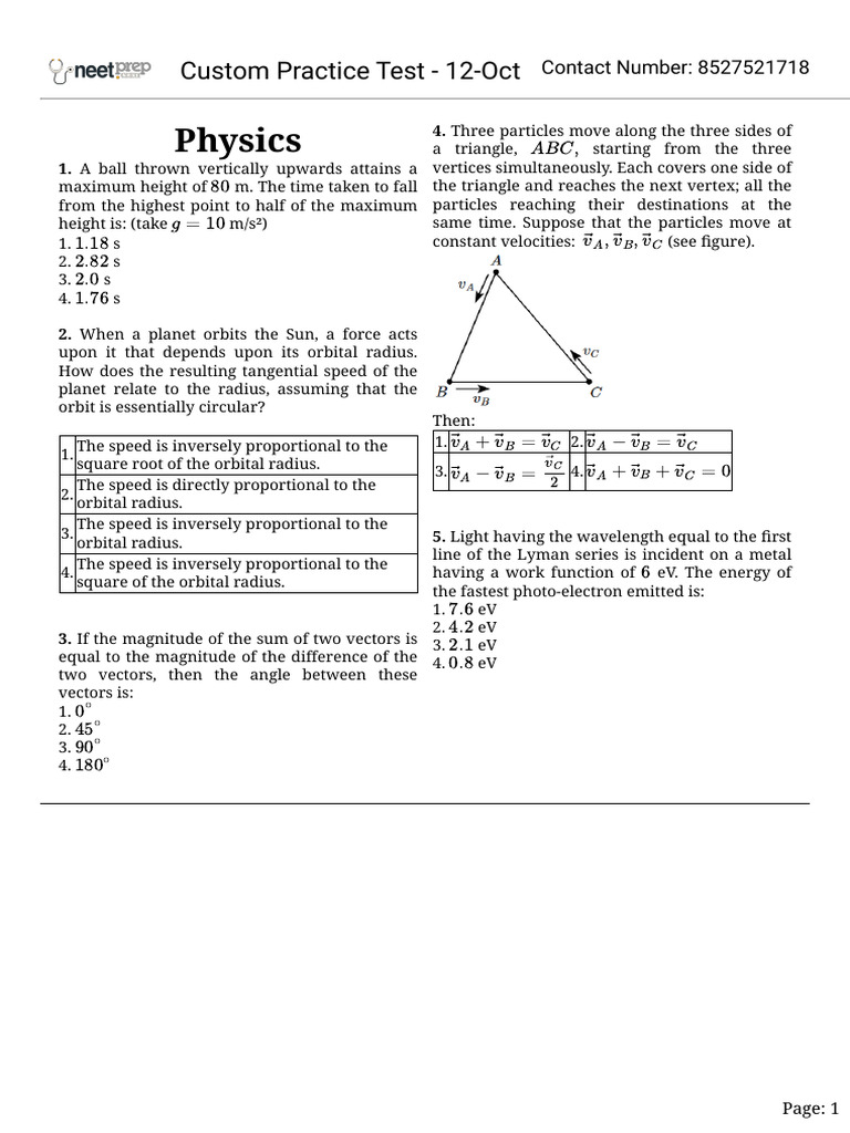 Custom Practice Test - 12-Oct | PDF | Acceleration | Force