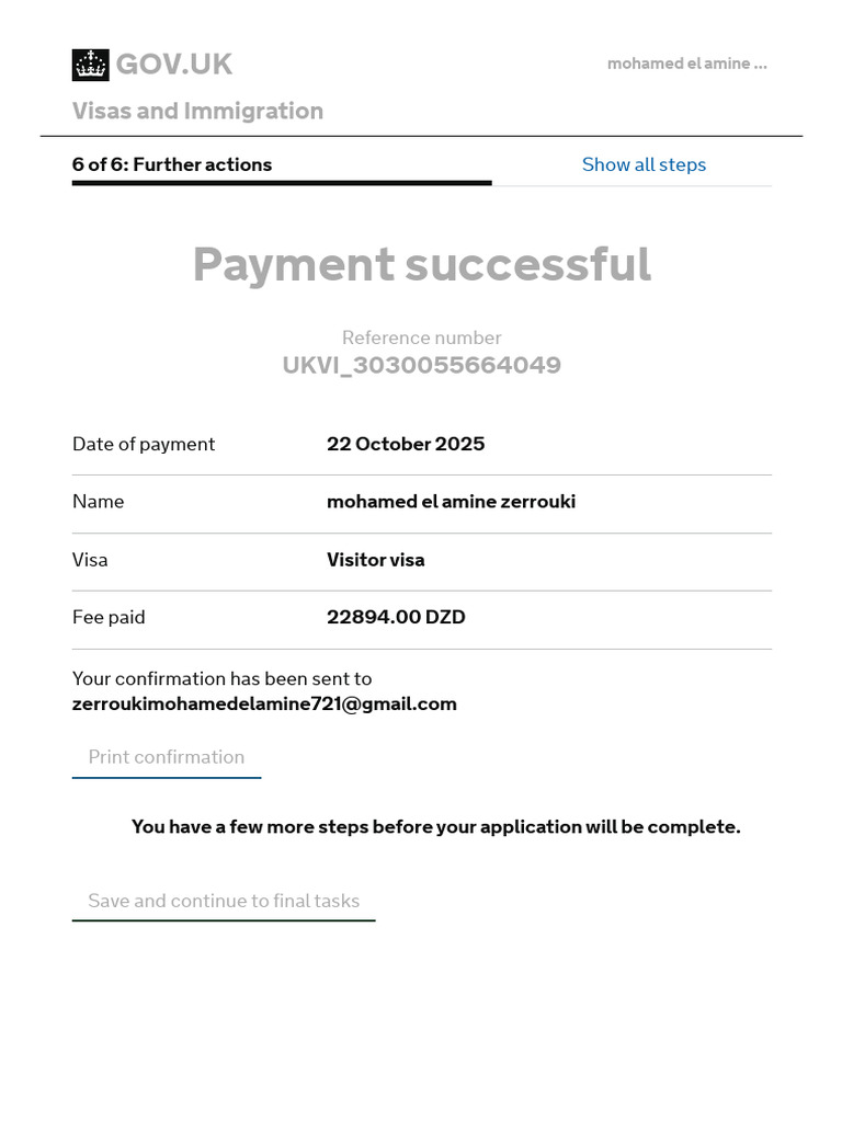 Visitor Visa Payment Confirmation | PDF