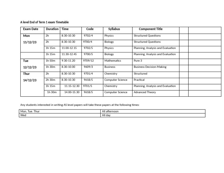 A Level Exam Timetable Term 1 | PDF