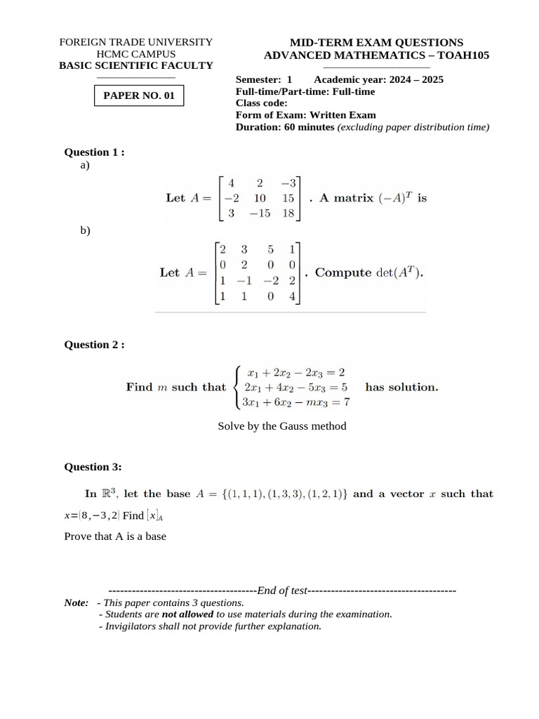 Advanced Mathematics Exam Questions | PDF