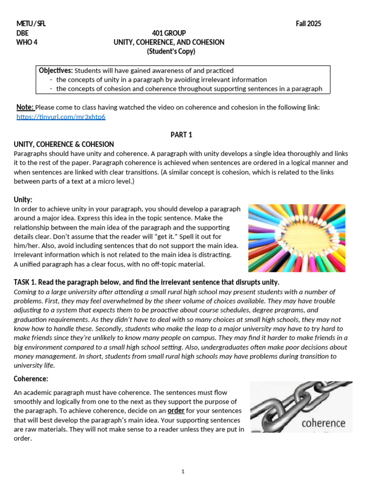 Unity, Coherence, and Cohesion in Writing | PDF | Diet (Nutrition ...