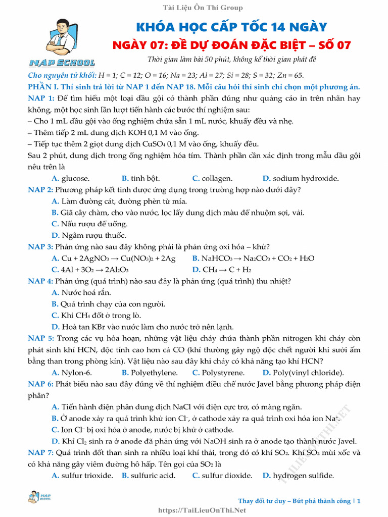 3 (Napschool) - Khóa 14N - ĐỀ DỰ ĐOÁN ĐẶC BIỆT - SỐ 07 - Ngày 11.06. ...