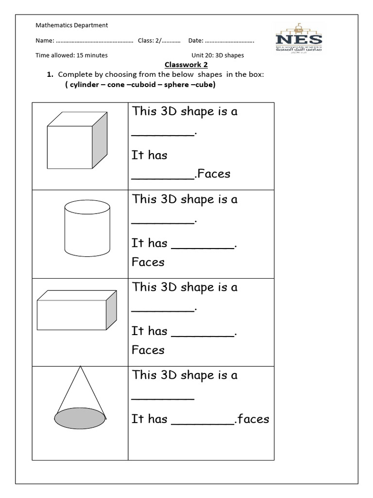 3D Shapes Classwork Worksheet | PDF