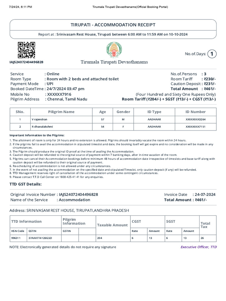 Tirupati Accommodation Receipt Details | PDF | Government Finances | Taxes