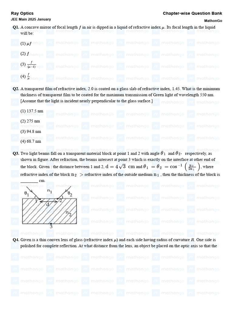 Ray Optics Question Bank for JEE 2025 | PDF | Optics | Glass ...