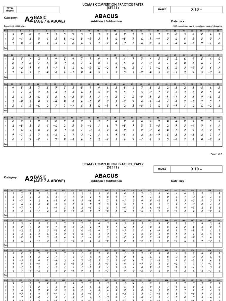 UCMAS Basic Abacus Practice Paper | PDF