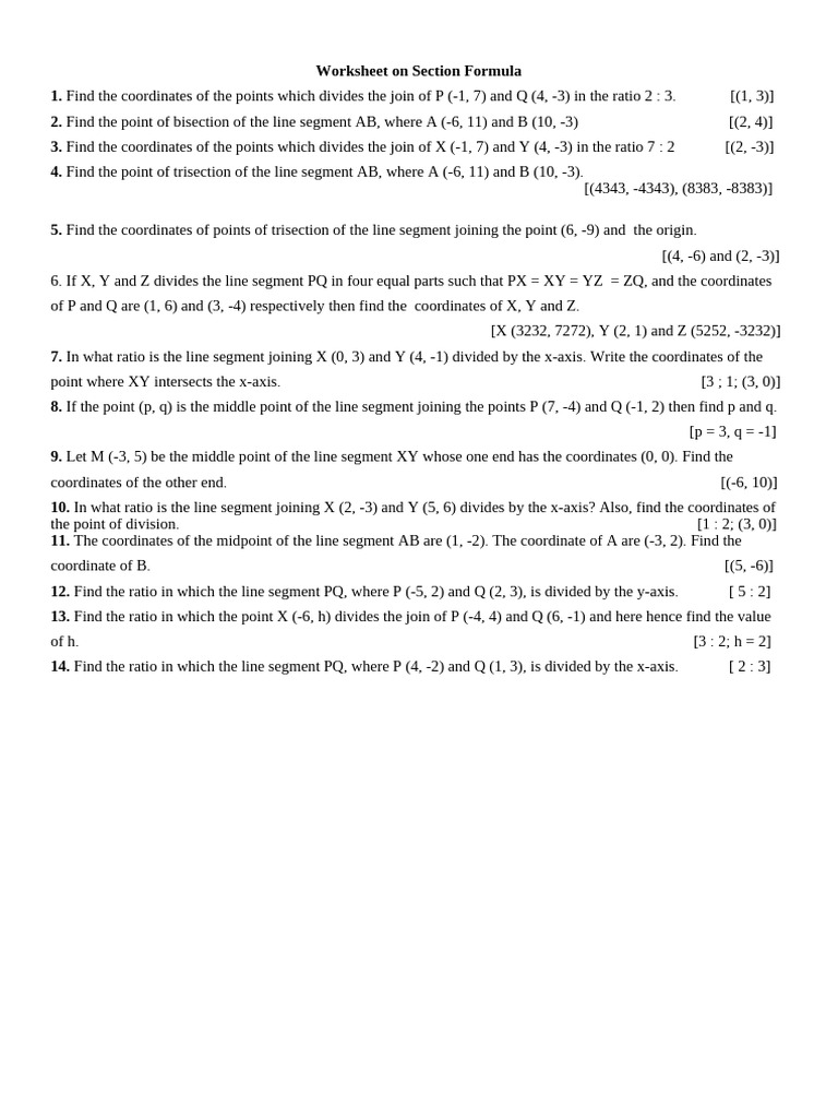 Section Formula Worksheet PDF | PDF | Cartesian Coordinate System ...