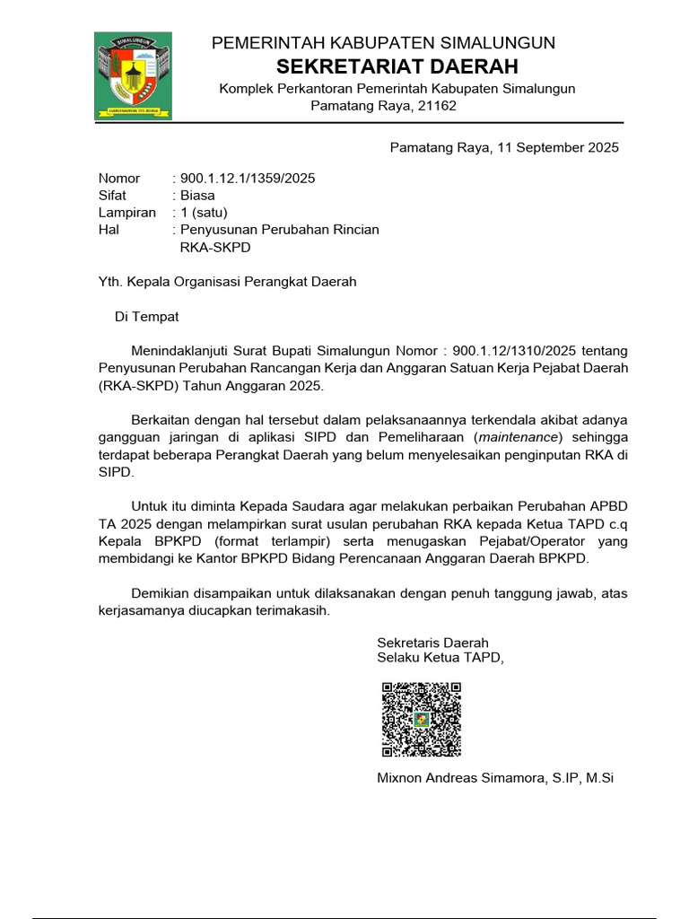 Perubahan RKA-SKPD TA 2025 Simalungun | PDF