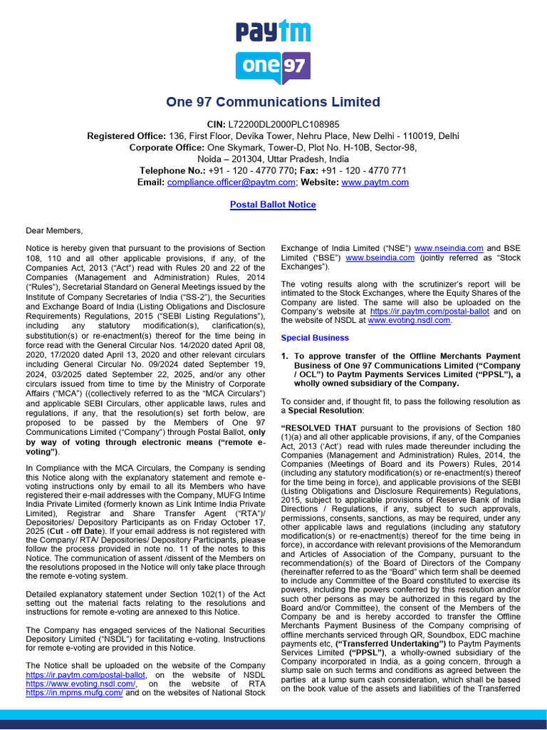 Postal Ballot Notice OCL | PDF | Electronic Voting | Login