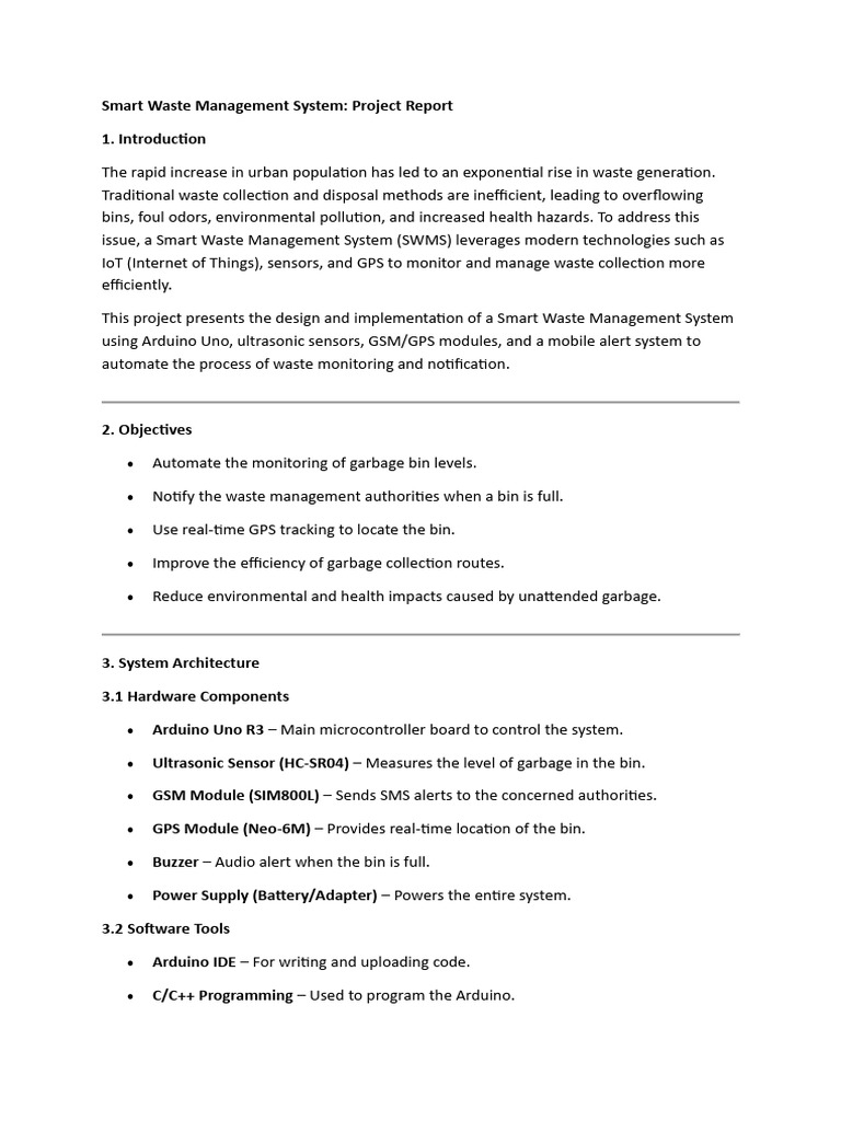 Smart Waste Management System Report | PDF | Arduino | Waste Management