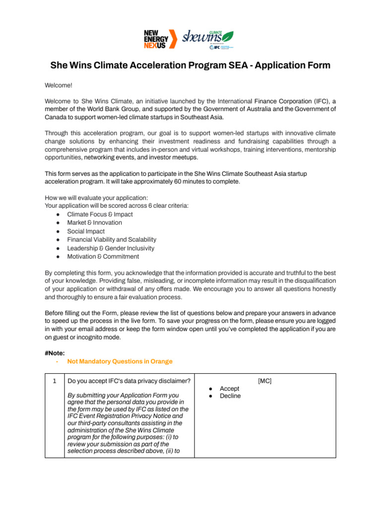 She Wins Climate Program Application Form | PDF | Climate Change ...