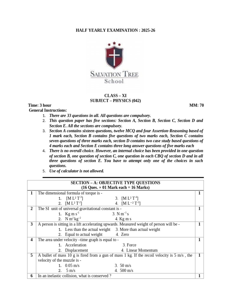 Class XI Physics Half-Yearly Exam 2025-26 | PDF | Acceleration | Force