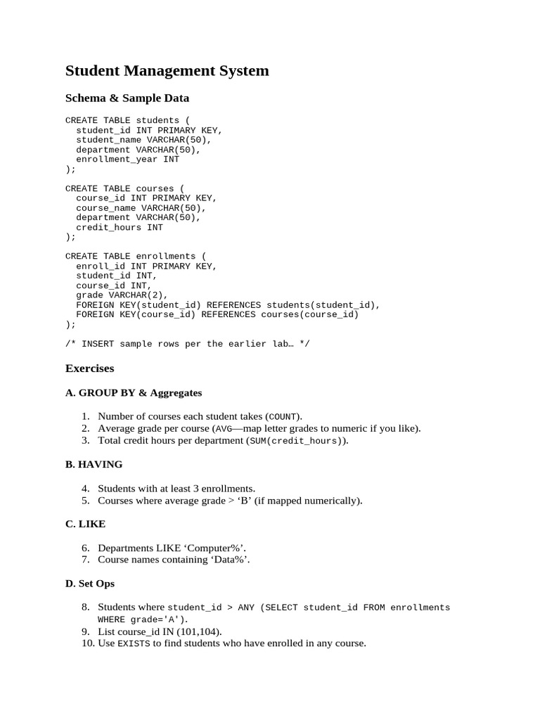 Student Management System Schema & Queries | PDF