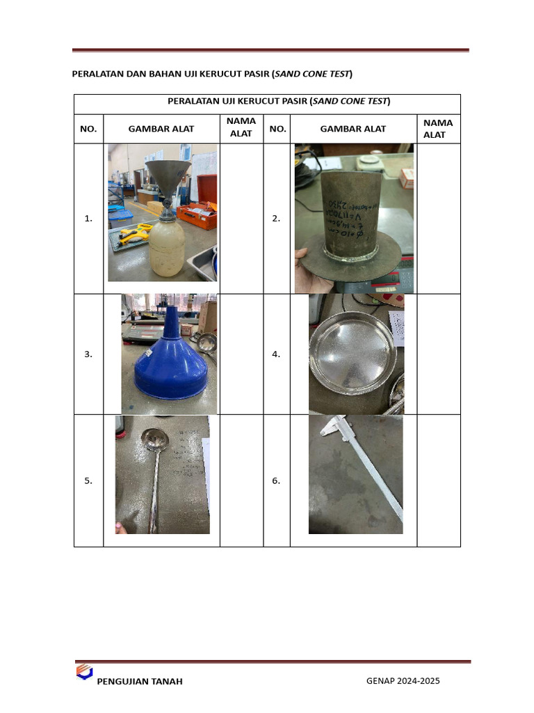 Template Tabel Dan Bahan Kerucut Pasir (Sand Cone Test) | PDF