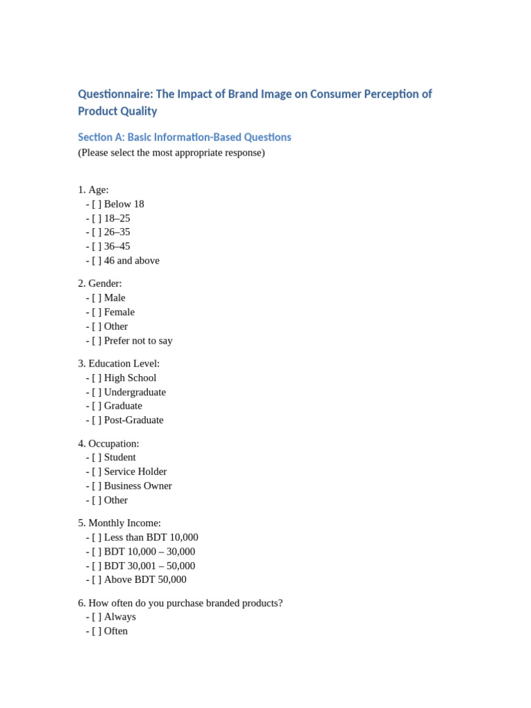 Brand Image Consumer Perception Questionnaire | PDF | Brand