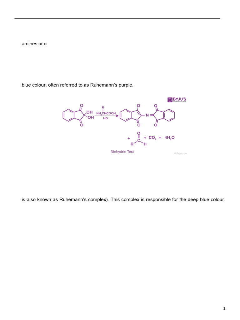 Ninhydrin Test for Amino Acid Detection | PDF | Amine | Chemical Substances