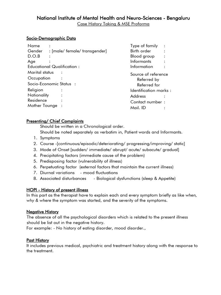 NIMHANS Case History & MSE Format | PDF | Mental Disorder ...