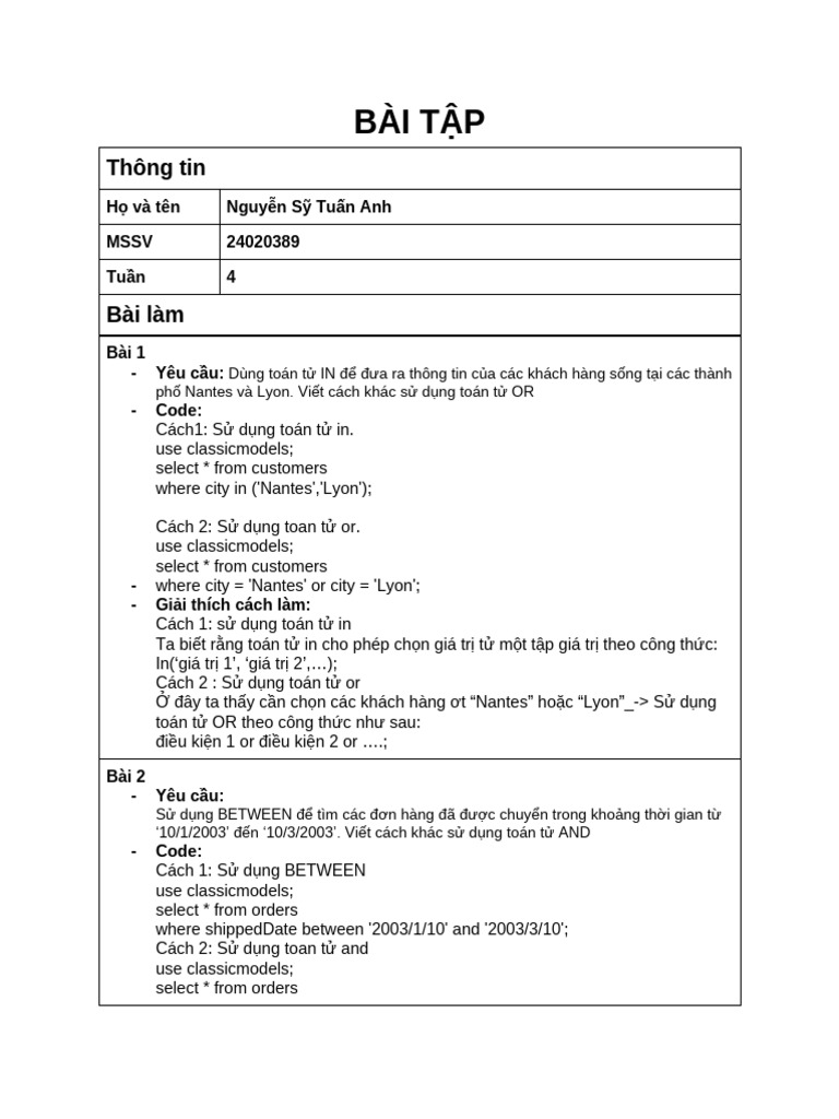 NguyenSyTuanAnh SQL BT Tuan 4 | PDF