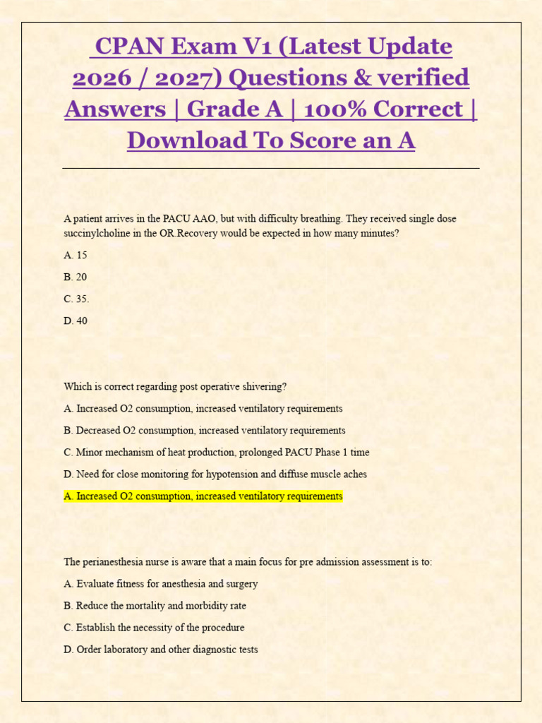 CPAN Exam 2026/2027: Questions & Answers | PDF | Anesthesia | Diseases ...