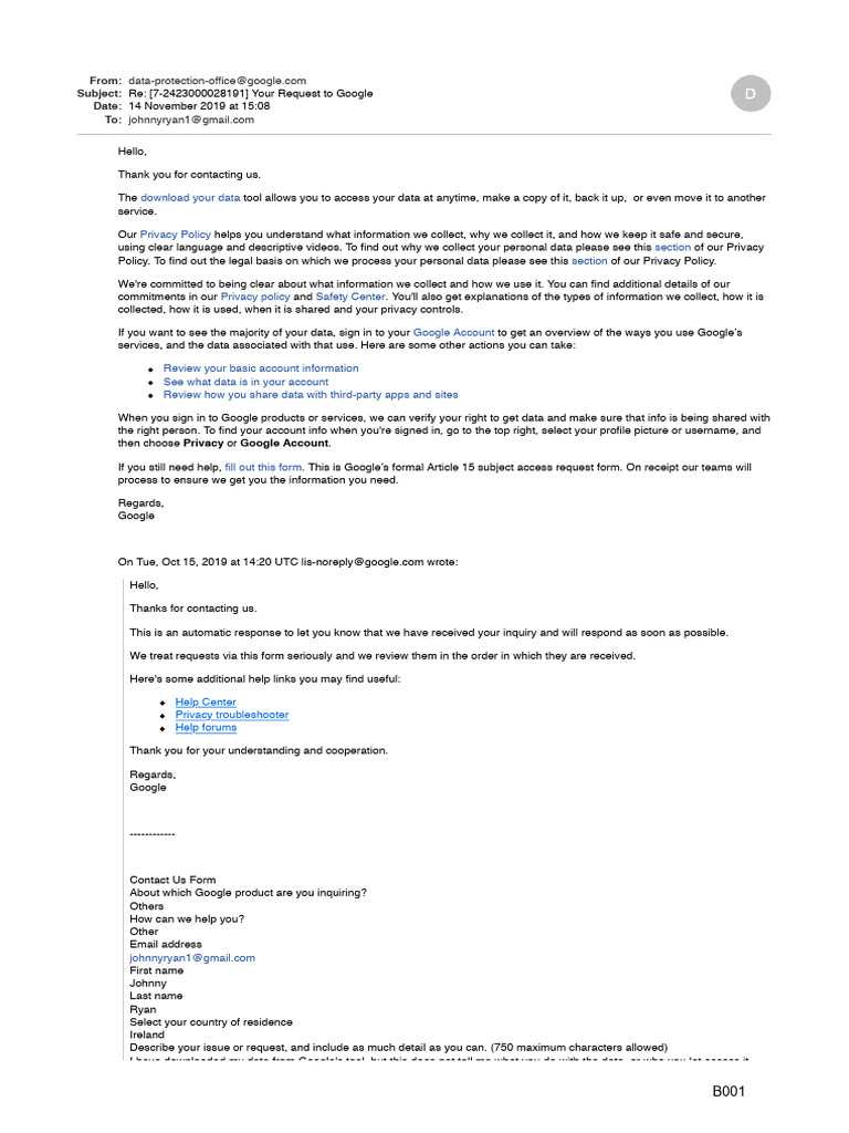 Google Data Access Request Response | PDF | Privacy | Justice