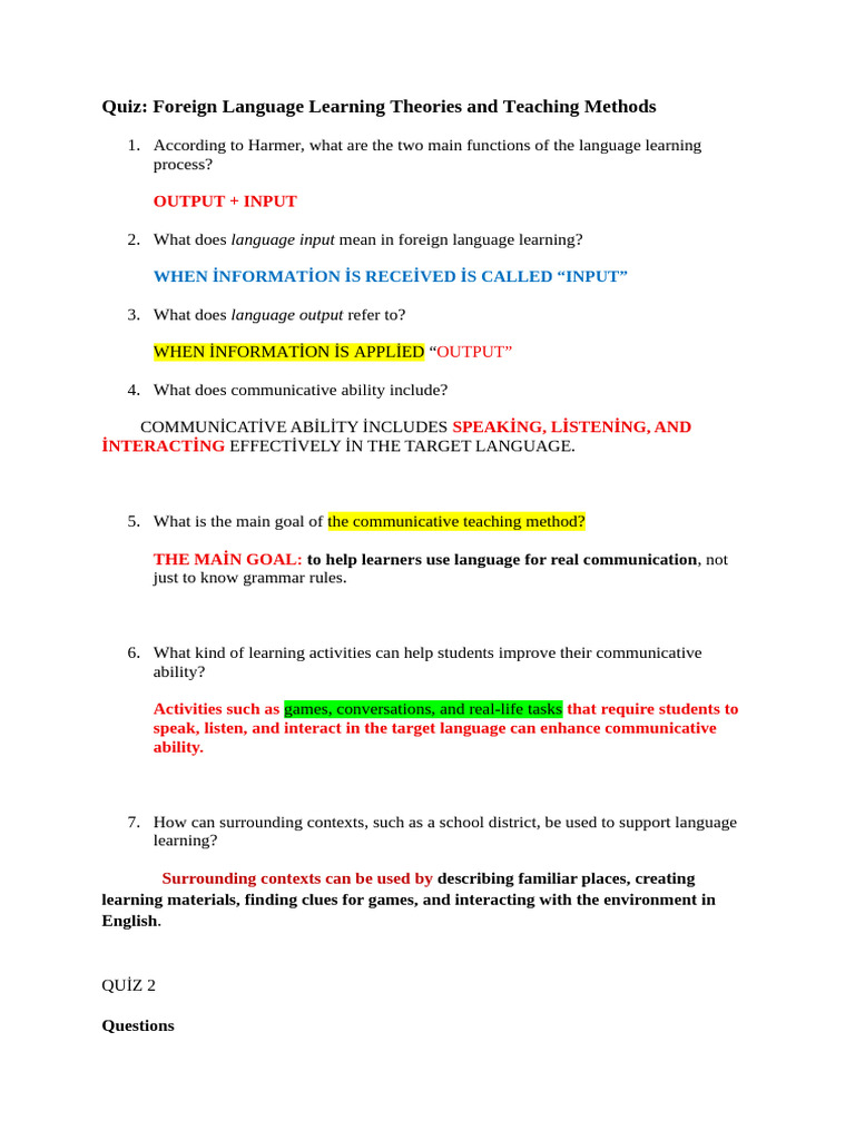 Foreign Language Learning Methods Quiz | PDF | Learning | Language ...