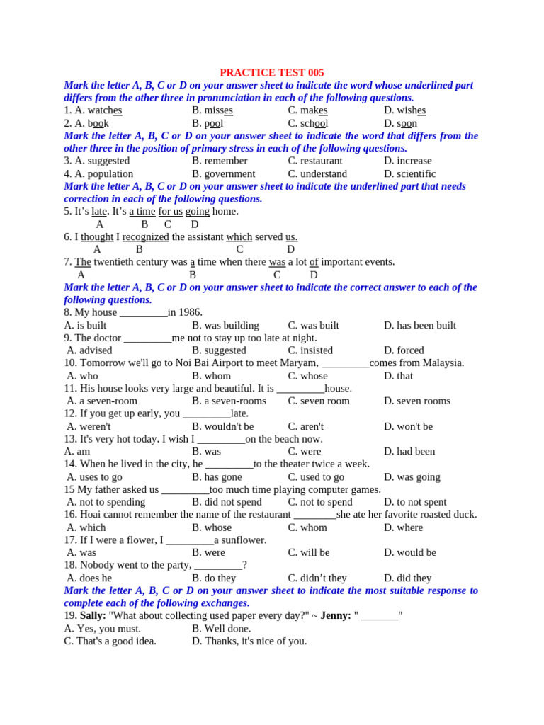 English Language Practice Test 005 | PDF | Malaysia