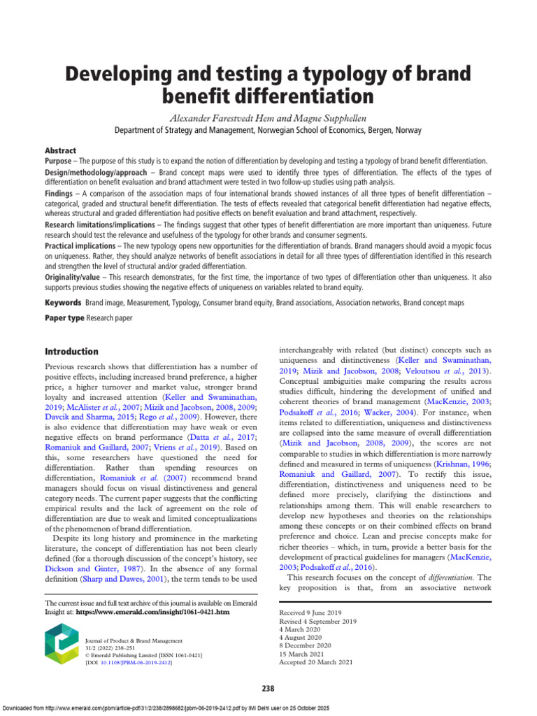 View of Developing and Testing A Typology of Brand Benefit Differentiation ...
