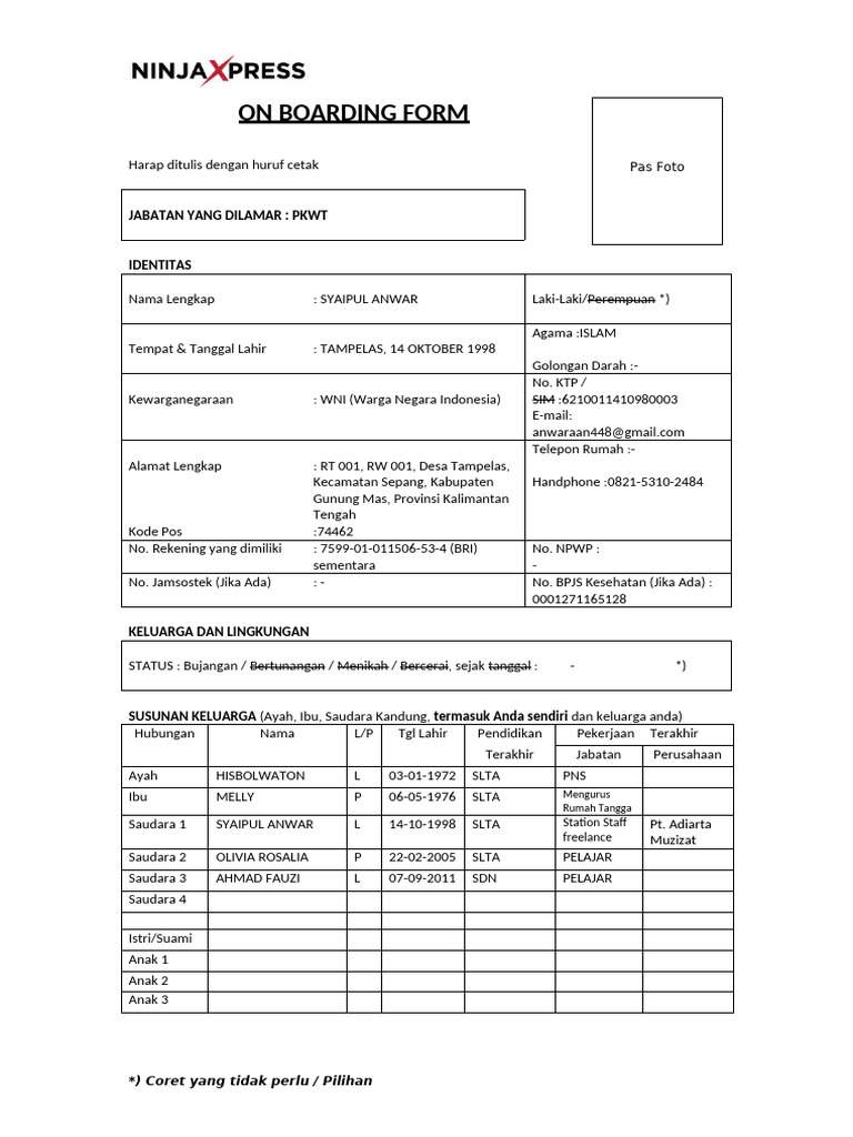 Form On Boarding Ninja Rev.1 | PDF