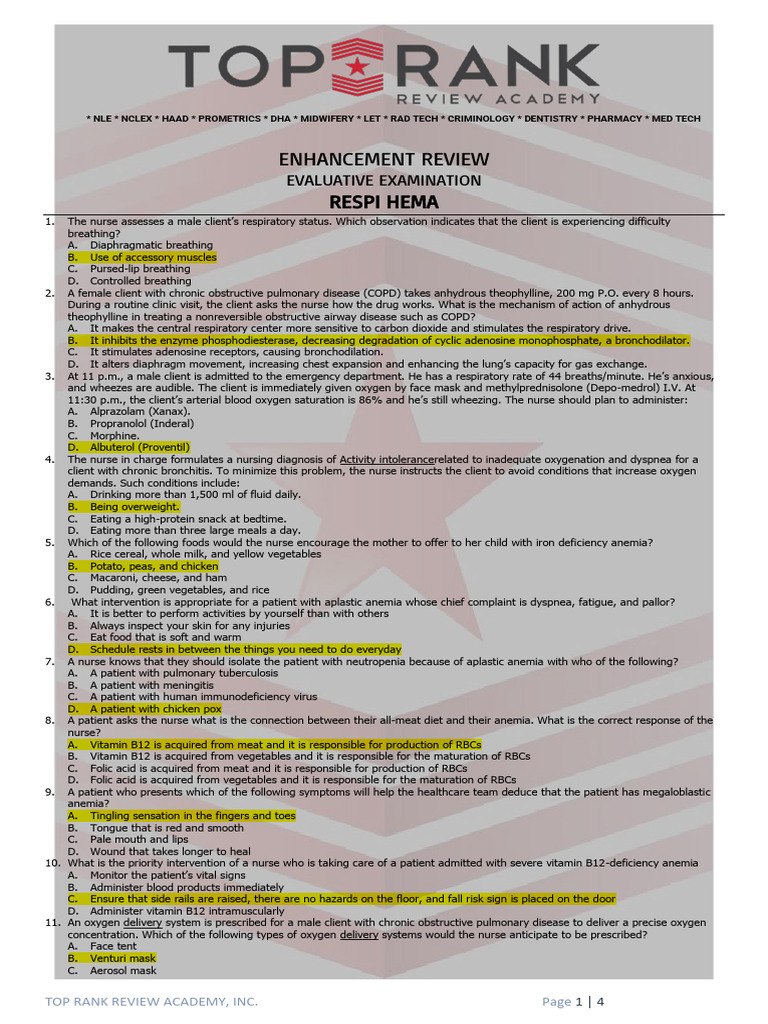 Eval Exam Respi Hema Answerkey | PDF | Chronic Obstructive Pulmonary ...