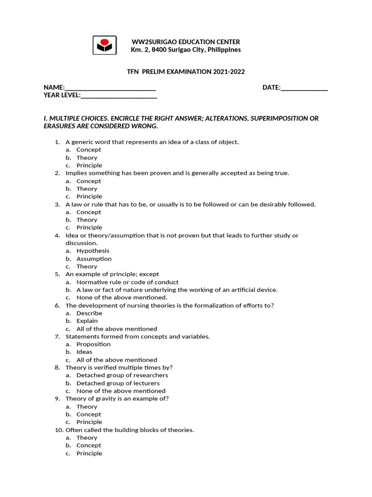 Tfn Prelim Exam | PDF | Theory | Concept