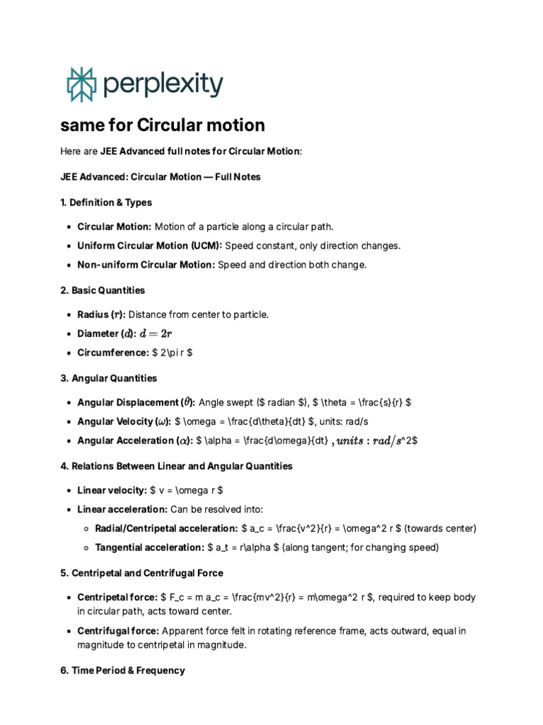 JEE Circular Motion Study Notes | PDF | Acceleration | Rotation