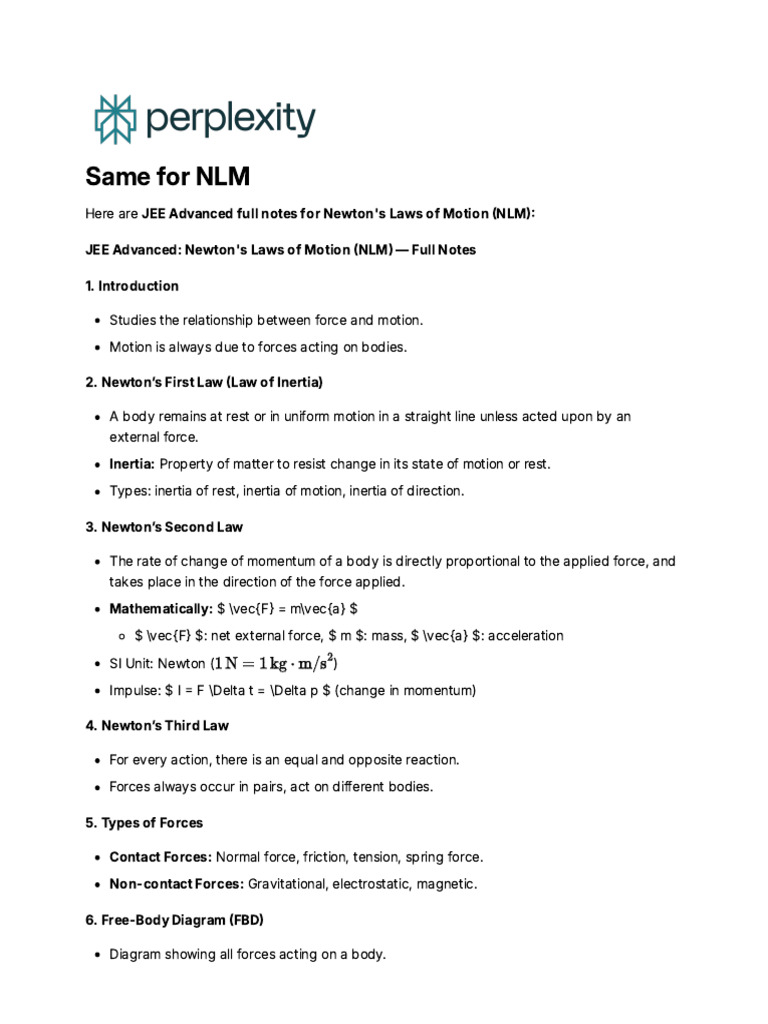 NLM JEE Advanced Short Notes | PDF | Force | Newton's Laws Of Motion