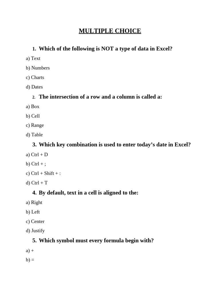 Excel Basics: Multiple Choice Quiz | PDF