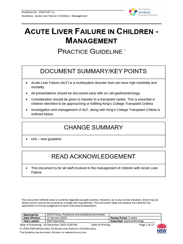 2023 Acute Liver Failure Management Sydnye Children Hospital | PDF ...
