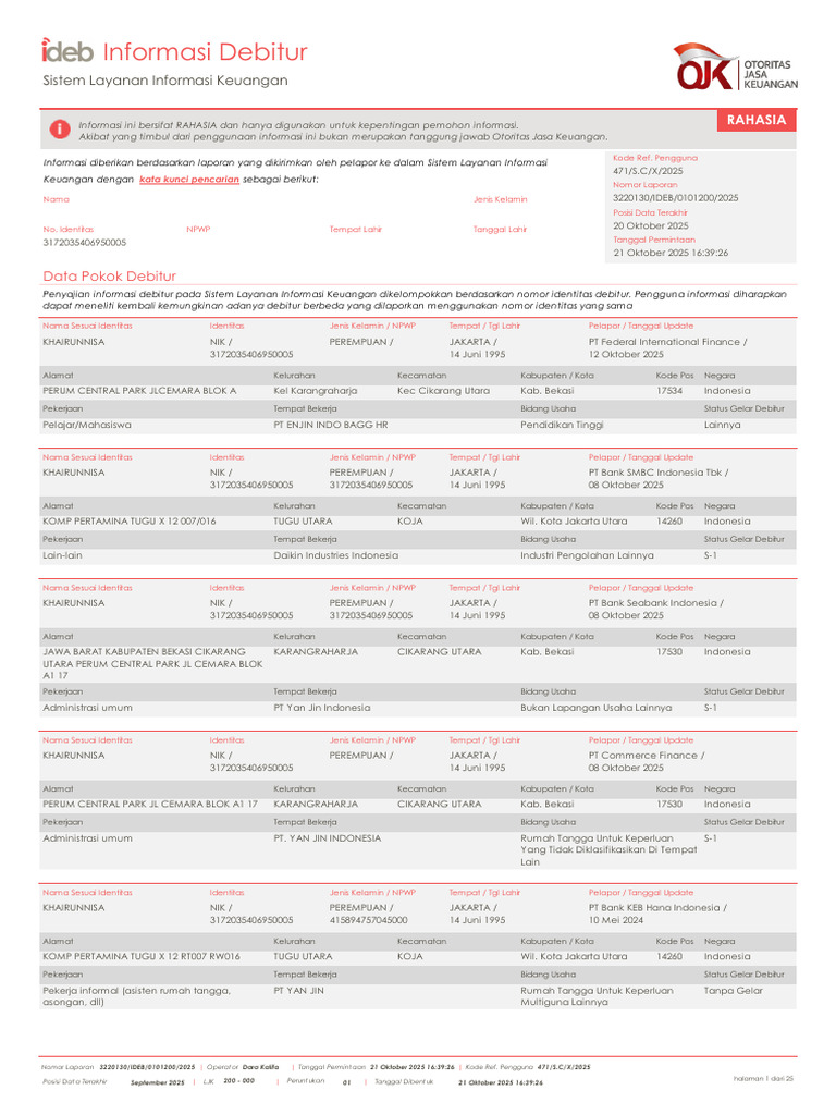 Data Rahasia Informasi Debitur 2025 | PDF