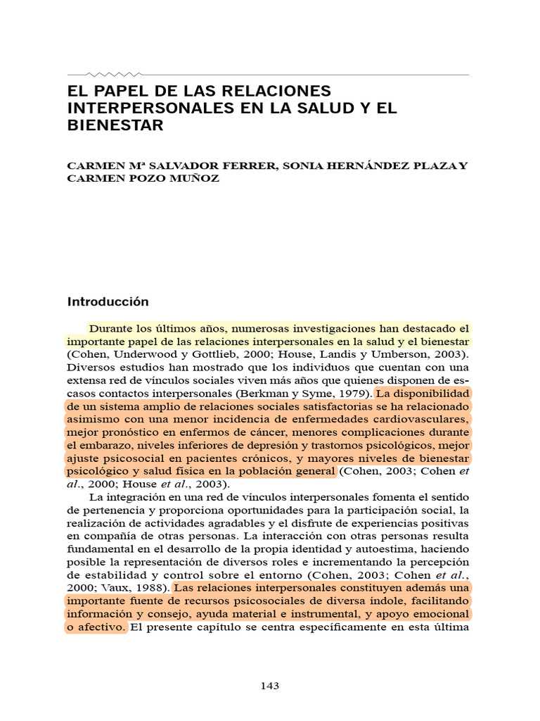 Relaciones interpersonales y bienestar | PDF | Apoyo social | Estrés ...