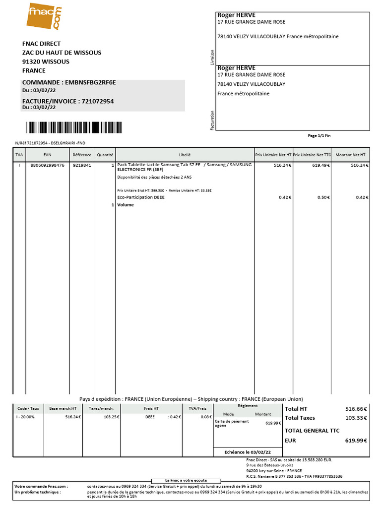 facture-commande-fnac-samsung-tab-s7-fe-pdf-taxe-sur-la-valeur