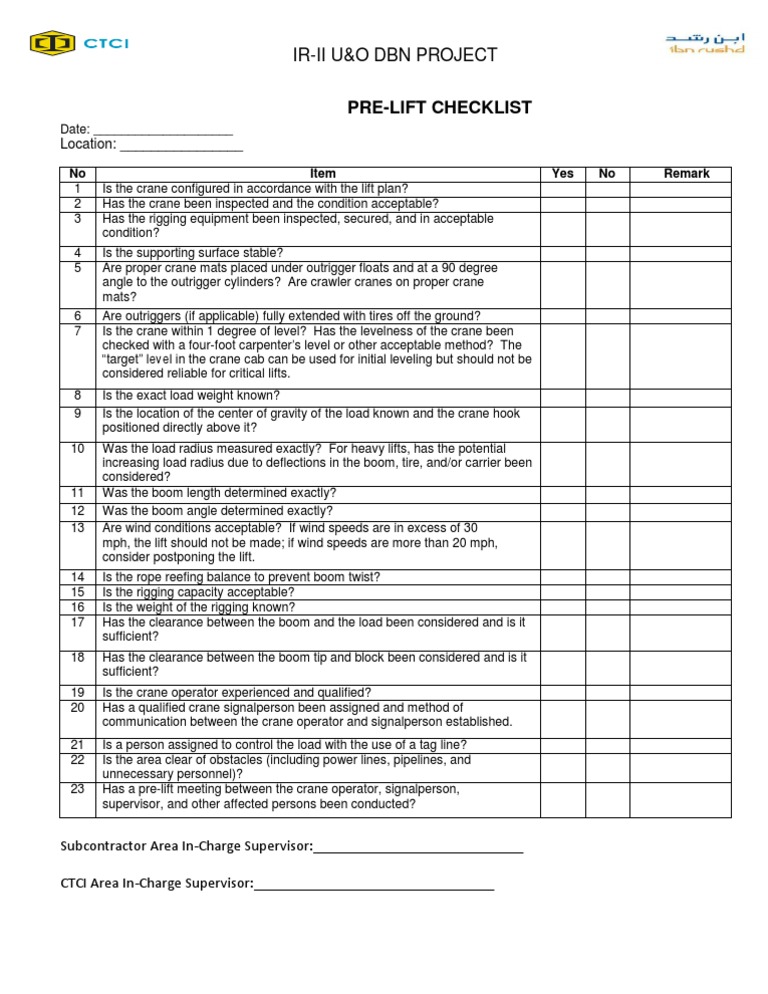 Pre Crane Lift Checklist