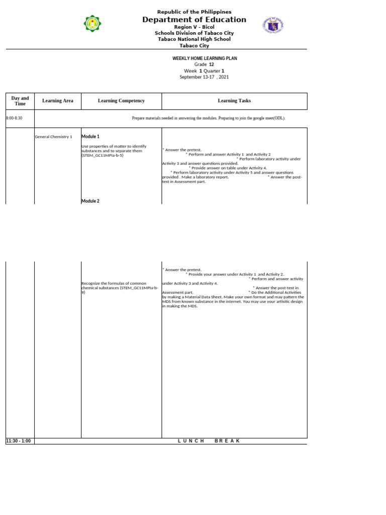 Genchem1 Weekly Home Learning Plan | PDF