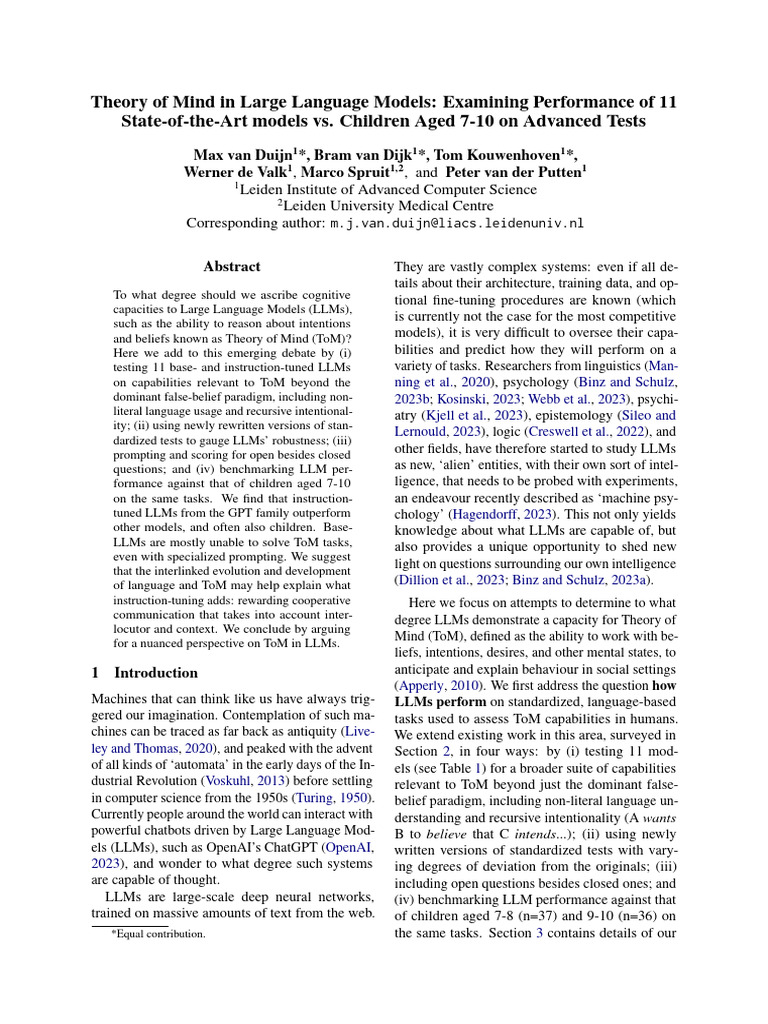 ToM Performance in LLMs vs. Children | PDF | Theory Of Mind | Cognition