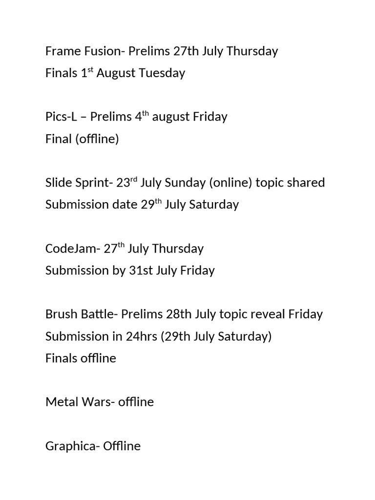 Upcoming Competitions Schedule July-August | PDF