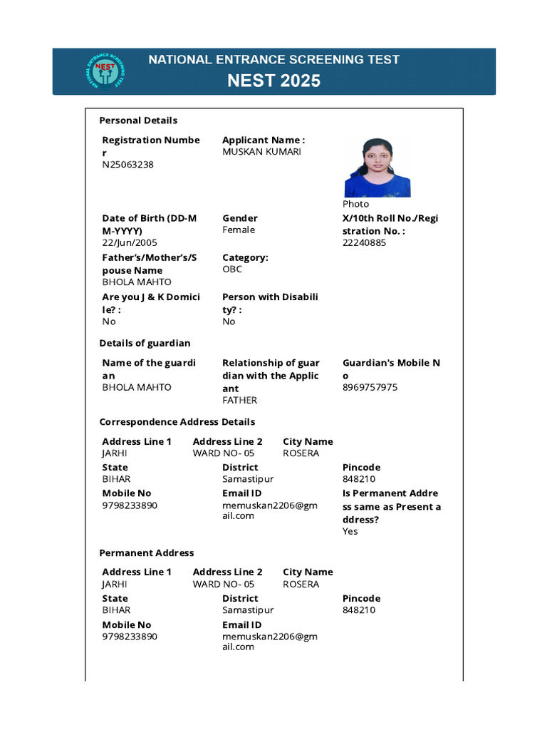 NEST Application Form 2025: Muskan Kumari | PDF
