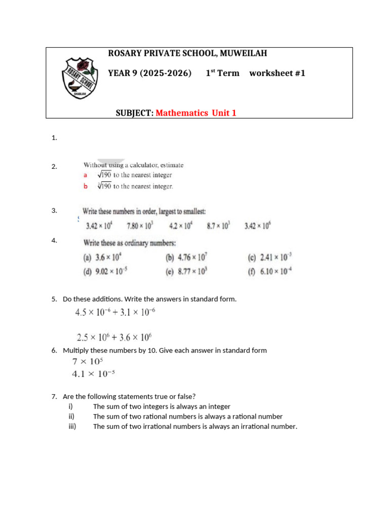 Year 9 Math Worksheet - Term 1 | PDF