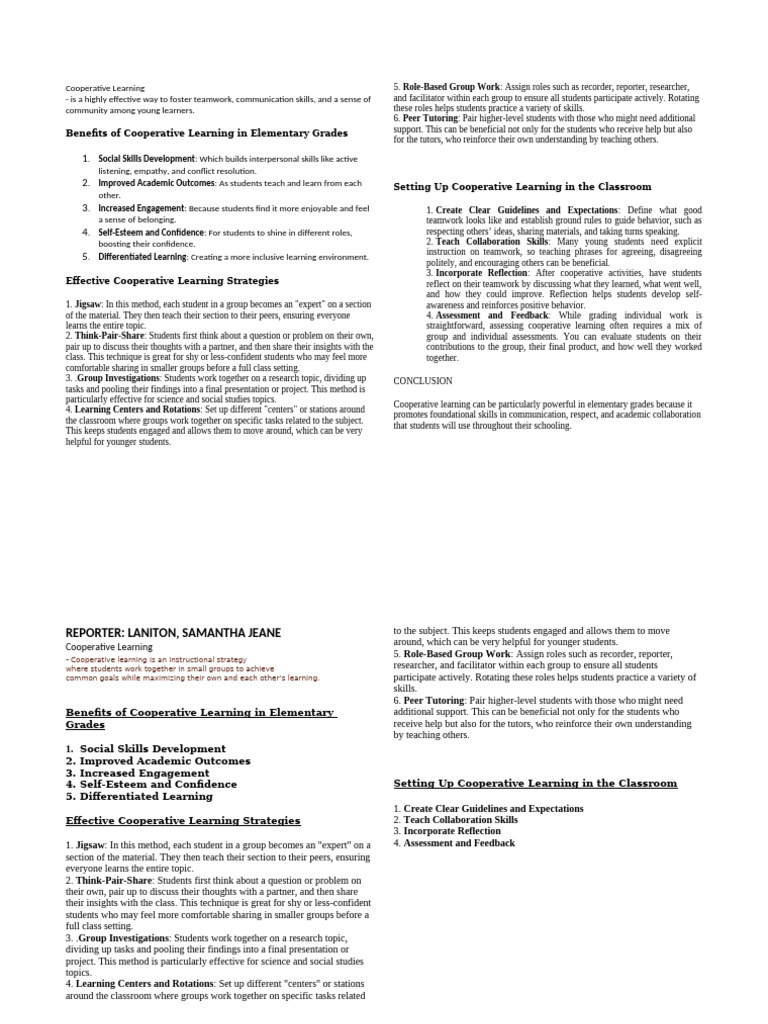 Benefits of Cooperative Learning in Classrooms | PDF | Learning ...